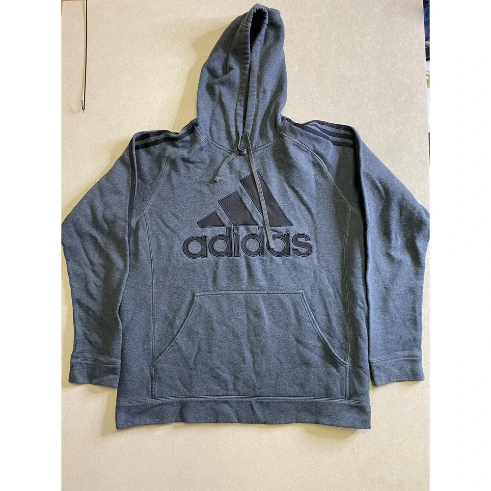 Adidas Mens Heather Gray Pullover Hoodie 3-Stripe Logo Sweatshirt Size L